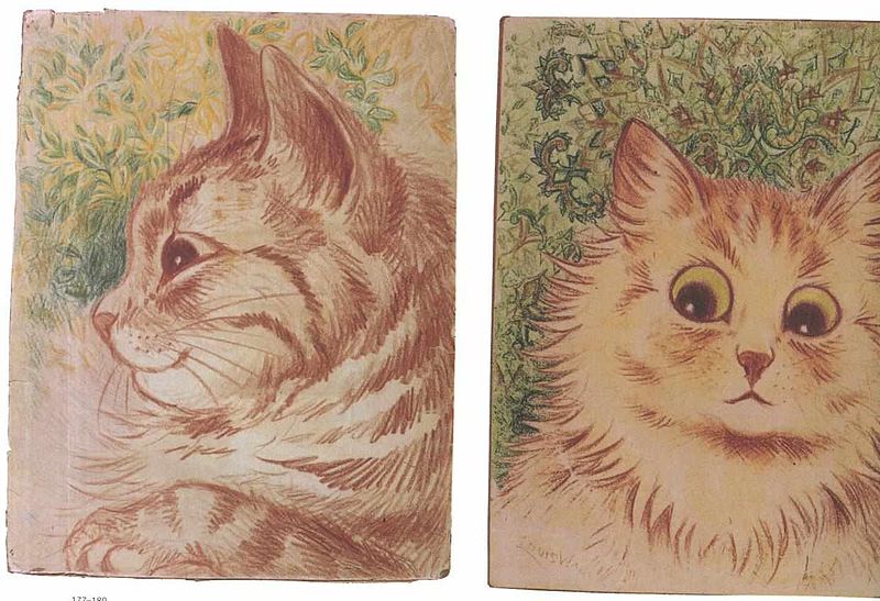 two images of a tabby cat with large eyes, painted by Louis Wain